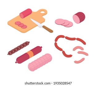 Meat and ham set, butcher shop. Isometric vector illustration in flat design.