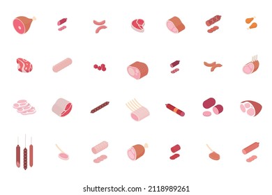 Meat and ham set, butcher shop. Isometric vector illustration in flat design.