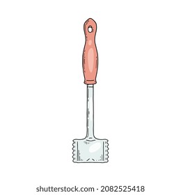 Meat hammer kitchen tool, hand drawn colored vector illustration isolated on white background. Metal hammer or meat tenderizer cooking supply and household utensil.