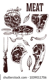meat hand drawing set, white background, vector, sausage, steak
