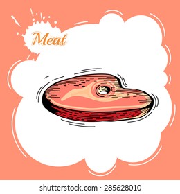 Meat hand drawn. Meat collages. Illustration of a steak meat. Vector hand drawn meat elements. Business lunch 