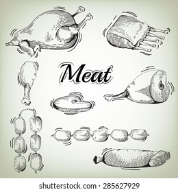 meat hand drawn collection. Meat collages. illustration of a set of different kinds of meat. Vector hand drawn meat and sausage elements set