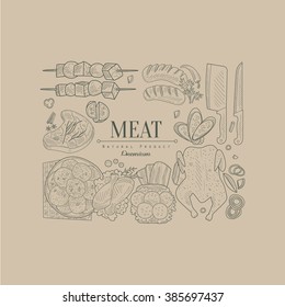 Carne, cartel de ilustración de vectores dibujado a mano, fondo de boceto de comida orgánica. Diseño de marco vectorial