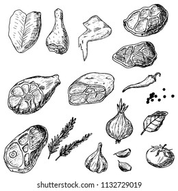 Meat. Hand-drawn set. Pork, chicken and vegetables. Vector sketches. Isolated objects on a white background.