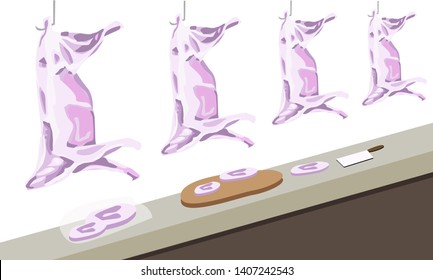 Meat hanged on a slaughter house or supermarket. Editble Clip Art.
