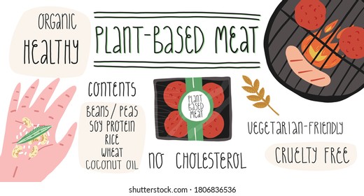 Carne alternativa saludable para infografías de contenido vegetariano o vegetariano. Parrilla de barbacoa con parrilladas de hamburguesas a base de plantas y salchichas. Carne de verduras sabrosas sin concepto de colesterol.