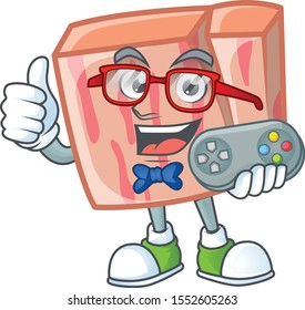 Meat with holding gamer character on white background