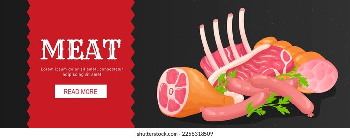 Meat horizontal web banner. Pork, beef, knuckle, ribs, sausage, steak, other fresh raw products in butcher market assortment. Vector illustration for header website, cover templates in modern design