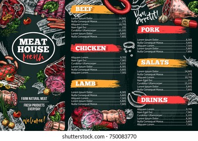 Meat house restaurant menu price template for meat dishes. Vector sketch design of beef steak and chicken grill in salad, lamb filet and pork bacon or tenderloin and smoke hamon sausage or brisket