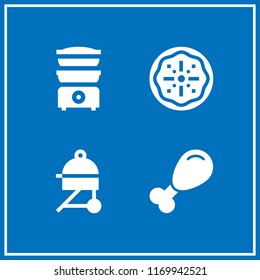 meat icon. 4 meat vector set. chicken leg, bbq, food steamer and pizza icons for web and design about meat theme