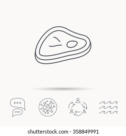 Meat icon. Beef steak sign. Barbecue meat slice symbol. Global connect network, ocean wave and chat dialog icons. Teamwork symbol.