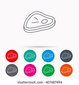 Meat icon. Beef steak sign. Barbecue meat slice symbol. Linear icons in circles on white background.