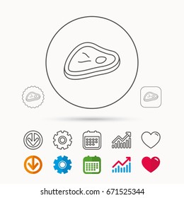 Meat icon. Beef steak sign. Barbecue meat slice symbol. Calendar, Graph chart and Cogwheel signs. Download and Heart love linear web icons. Vector