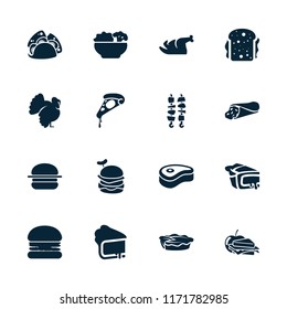 Meat icon. collection of 16 meat filled icons such as turkey, burger, wrap sandwich, pizza, taco, sandwich, pie, sandwich and apple. editable meat icons for web and mobile.