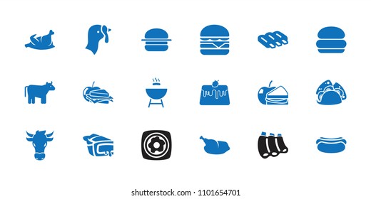 Meat icon. collection of 18 meat filled icons such as cow, turkey, sausage, burger, taco, cheeseburger, pie, sandwich and apple. editable meat icons for web and mobile.