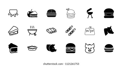 Meat icon. collection of 18 meat filled and outline icons such as cow, burger, cheeseburger, udder, sausage, pig, sandwich, pie, kebab. editable meat icons for web and mobile.