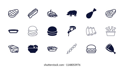 Meat icon. collection of 18 meat filled and outline icons such as pig, pizza, pie, food, beef, burger, sandwich and apple, bacon. editable meat icons for web and mobile.