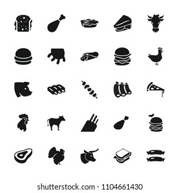 Meat icon. collection of 25 meat filled icons such as beef, sausage, pig, turkey, wrap sandwich, sandwich, pie, kebab, knife, cow. editable meat icons for web and mobile.