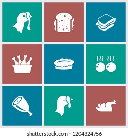 Meat icon. collection of 9 meat filled icons such as turkey, sandwich, chicken leg, pie. editable meat icons for web and mobile.