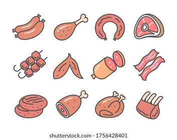 Meat icon collection in simple cartoon style. Vector icon set.