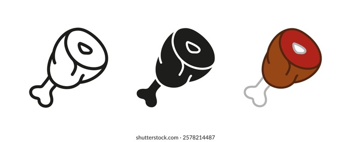 Meat icon. Ham with bone vector illustration. Pork leg and raw beef sign. Flesh chop tenderloin pictogram. Uncooked shank steak isolated concept. Butcher logo. Protein symbol. Meat chop silhouette.