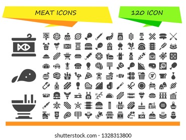 meat icon set. 120 filled meat icons.  Collection Of - Canned food, Custard, Snack, Bbq, Pizza, Burger, Grill, Chicken leg, Skewer, Shrimp, Food, Hot dog, Fish food, Churros, Ribs