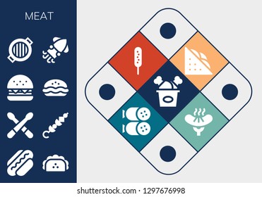  meat icon set. 13 filled meat icons. Simple modern icons about  - Fried chicken, Hot dog, Taco, Drumsticks, Skewer, Burger, Pie, Grill, Squid, Sandwich, Corndog, Salami, Sausage
