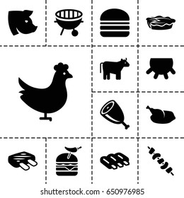 Meat icon. set of 13 filled meaticons such as cow, udder, chicken, sausage, pig, burger with pepper, burger, pie, kebab, bbq