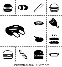 Meat icon. set of 13 filled and outline meat icons such as sausage, beef, burger, fried egg and bacon, pie, chicken, meat, cheeseburger, kebab