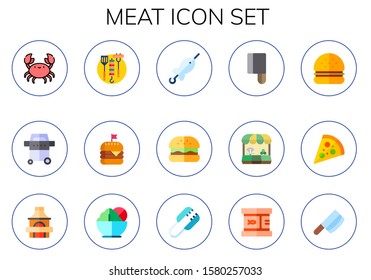 meat icon set. 15 flat meat icons.  Simple modern icons about  - crab, grill, bbq, burger, brochette, hamburguer, cleaver, grocery, pizza, salad, tongs, canned food