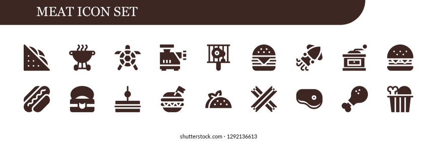  meat icon set. 18 filled meat icons. Simple modern icons about  - Sandwich, Bbq, Turtle, Meat grinder, Hamburger, Squid, Grinder, Burger, Hot dog, Food, Taco, Churros, Steak