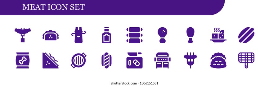 meat icon set. 18 filled meat icons.  Simple modern icons about  - Sausage, Taco, Apron, Food, Ribs, Fried chicken, Tofu, Hot dog, Sandwich, Grill, Chop, Tacos