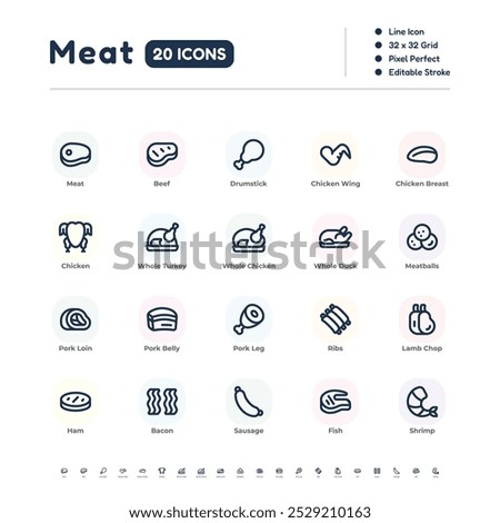Meat Icon Set – 20 Simple Line Icons with Editable Stroke, 32x32 Pixel Perfect Vector