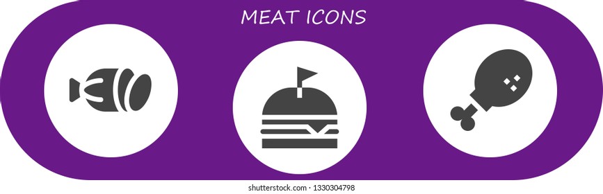 meat icon set. 3 filled meat icons.  Collection Of - Salami, Burger, Chicken leg
