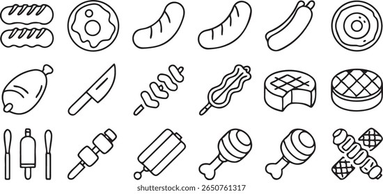 meat icon set, 30 editable black outline food symbols, steak, chicken leg, beef cut, BBQ theme in minimal line grid design