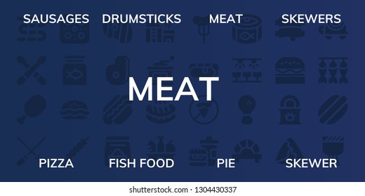 meat icon set. 32 filled meat icons. on blue background style Collection Of - Sausages, Drumsticks, Meat, Skewers, Pizza, Fish food, Pie, Skewer, Steak, Hot dog, Food, Farm, Grinder