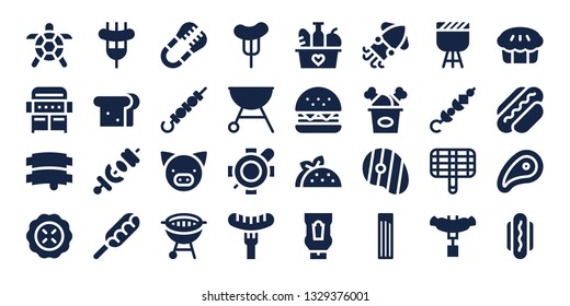 meat icon set. 32 filled meat icons. on blue background style Collection Of - Turtle, Grill, Ribs, Pie, Sausage, Sandwich, Skewer, Hot dog, Tongs, Pig, Bbq, Food, Burger, Taco