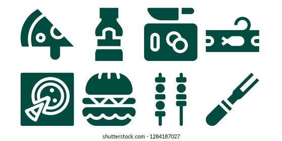  meat icon set. 8 filled meat icons. Simple modern icons about  - Pizza, Burger, Mustard, Skewers, Chop, Meat, Tuna