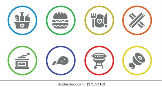 meat icon set. 8 filled meat icons.  Collection Of - Food, Grinder, Burger, Snack, Bbq, Churros, Meat