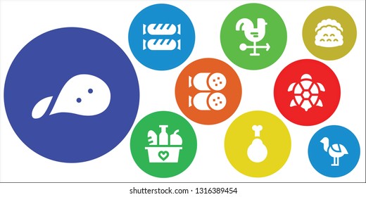 meat icon set. 9 filled meat icons.  Collection Of - Snack, Sausage, Cock, Food, Chicken, Salami, Turtle, Tacos, Ostrich