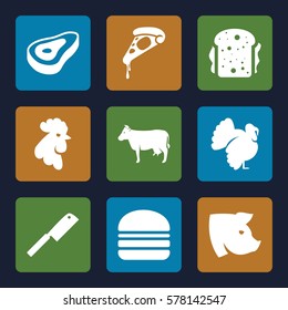 meat icon. Set of 9 meat filled icons such as beef, cow, rooster, pig, turkey, pizza, sandwich, burger