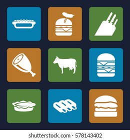 meat icon. Set of 9 meat filled icons such as sausage, cow, burger with sausage, double burger, pie, meat, burger