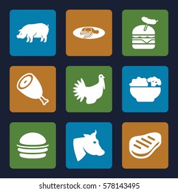 meat icon. Set of 9 meat filled icons such as beef, cow, pig, burger, burger with sausage, fried egg and bacon, turkey