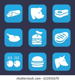 Meat icon. set of 9 filled meat icons such as cow, pig, wrap sandwich, burger, burger with sausage, beef, chicken