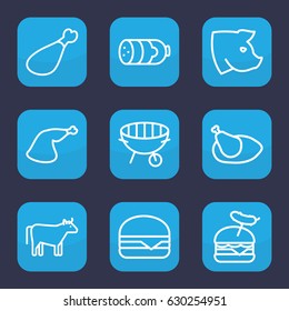 Meat icon. set of 9 outline meat icons such as pig, cow, sausage, burger with sausage, cheeseburger, meat leg, bbq