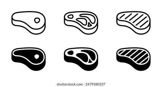 Meat icon set. Beef vector illustration. Steak symbol. BBQ sign. Raw meat isolated pictogram. Grilled steak icon.