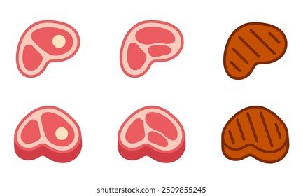 Ícone de carne definido. Ilustração do vetor de carne. Símbolo de bife. Sinal de churrasco. Pictograma de carne crua. Ícone de bife grelhado.