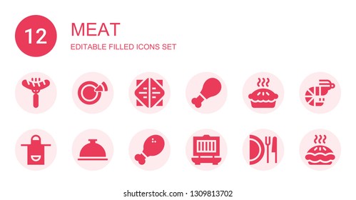 meat icon set. Collection of 12 filled meat icons included Sausage, Pizza, Sandwich, Chicken, Pie, Apron, Foods, Chicken leg, Grill, Dish, Prawn