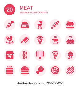 meat icon set. Collection of 20 filled meat icons included Skewer, Dog food, Barbecue, Brochette, Pork, Rooster, Cleaver, Pizza, Grill, Pie, Restaurant, Bacon, Pizza slice, Protein