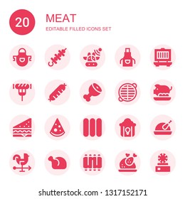 meat icon set. Collection of 20 filled meat icons included Apron, Skewer, Cows, Grill, Sausage, Ham leg, Grate, Pork, Sandwich, Pizza, Sausages, Fried chicken, Chicken, Rooster